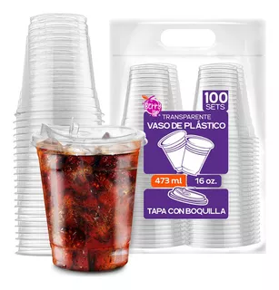 100 Vasos de Plastico Berry Bloom de 16 oz (473 ml) con Tapa con Boquilla Transparentes, Vasos Perfectos para Llevar Bebidas Frias y Batidos