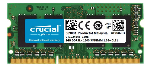 Memória Notebook 8gb Ddr3l Pc3l-12800s 1600mhz 1.35v Crucial