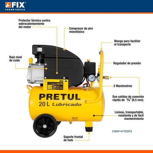 Kit Compresor de aire eléctrico portátil Pretul COMP-KIT20P3 monofásico 20L 1.5hp 127V 60Hz amarillo + manguera + pistola de gravedad