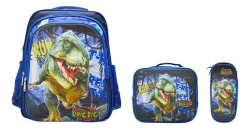 Mochila Lonchera Lapicera Dino Dig 3d Azul Marino Primaria Ll23bpm053 Lluvia