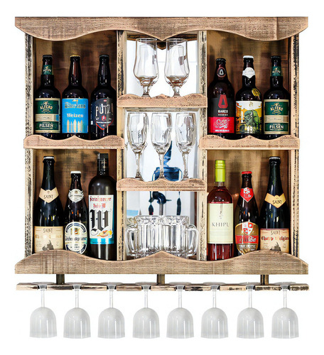 Barra de bodega de madera con espejo y portavasos, rústica