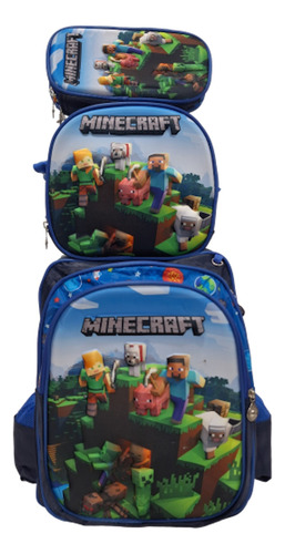 Kit Mochila Primaria Jumbo+lonchera+lapicera 3d Envío 3pzas Minecraft 3d Con Luz Lisa