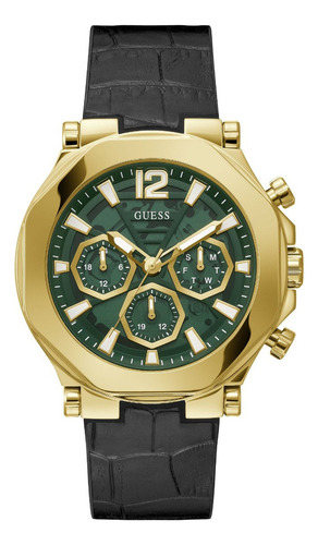 Reloj Hombre Guess Caballero Edge Correa Negro Bisel Dorado Fondo Verde