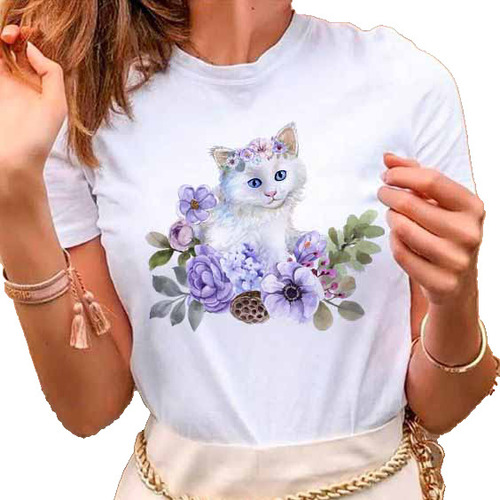 Remera Dama Mujer Street Mascota Con Flores Gato Gatito #03