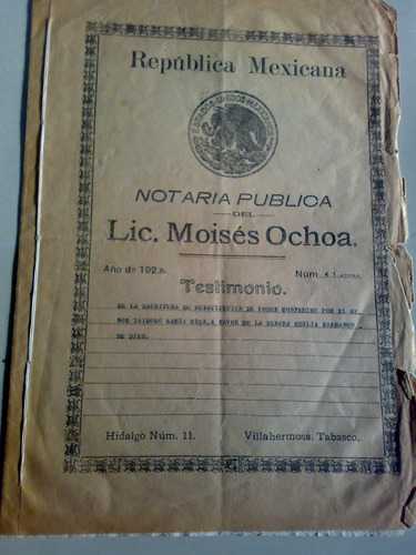 Testimonio Antiguo Del Año 1929 Moises Ochoa Villahermosa