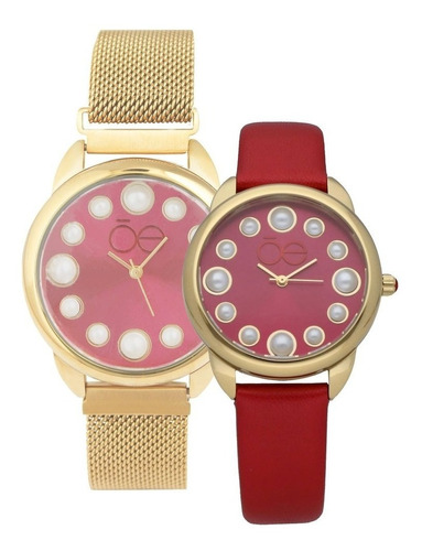 Reloj Cloé Enna Oe1803-rd Piel/acero Rojo/dorado Para Dama