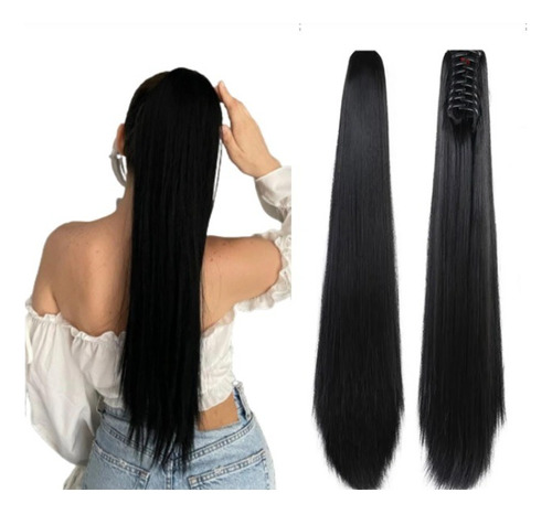 Coleta Ponytail Gancho Extensension De Cabello Liso Negro