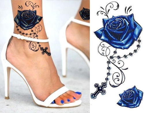 Tatuagem Temporária Flor Rosas Azuis Tattoo Fake Grande