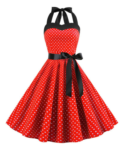 S Vestido De Mujer Casual 50s Retro Sin Mangas Halter Dot Pr