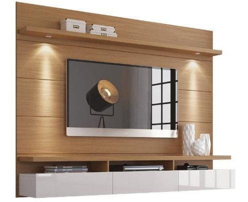 Mueble De Tv Moderno Blanco Y Madera Lacado Ref: Mural22