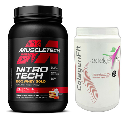 Combo Proteína Muscleteach Whey Gold + Colageno Adelgafit Strawberry Shortcake - Limon