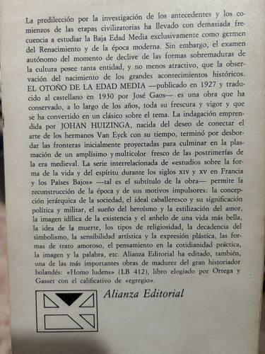 El Otoño De La Edad Media. Johan Huizinga (Usado)