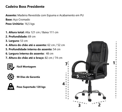 Cadeira Escritório Boss Presidente Preta Base Giratória