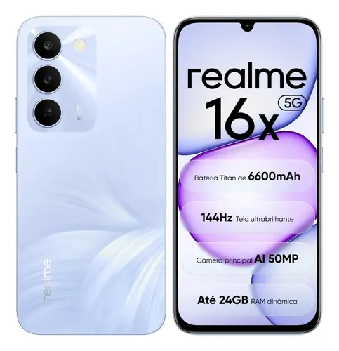 Celular Smartphone Realme 16x 5g 128gb 4gb Ram Dual Sim Nfc Mediatek Dimensity 6300bateria Titan 6600mahtela Ultrabrilhante 144hz Ip64 Camera 50mp