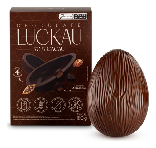 Ovo De Páscoa Chocolate 70% Cacau 180g - Luckau - S/ Açucar
