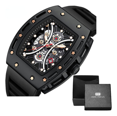 Reloj Mini Focus 0420 Calendar Luminous Skeleton Bisel Negro