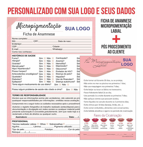 Imagem 1 de 3 de Kit Personalizado Ficha Anamnese Micropigmentãção + Cuidados