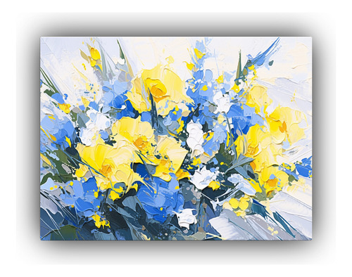 40x30cm Pintura De Flores Amarillas Y Azules Bastidor Madera