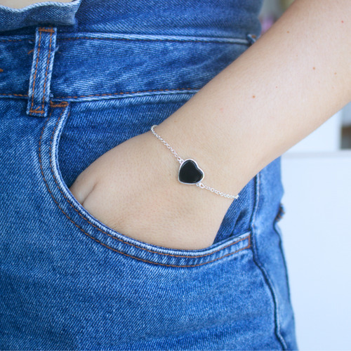 Pulseira Com Pingente Coração Onix Em Prata 925