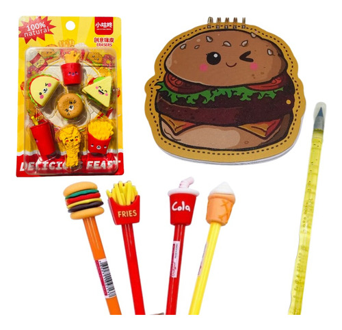 Kit Bloquinho Hamburguer Caneta Lápis Infinito Fast Food