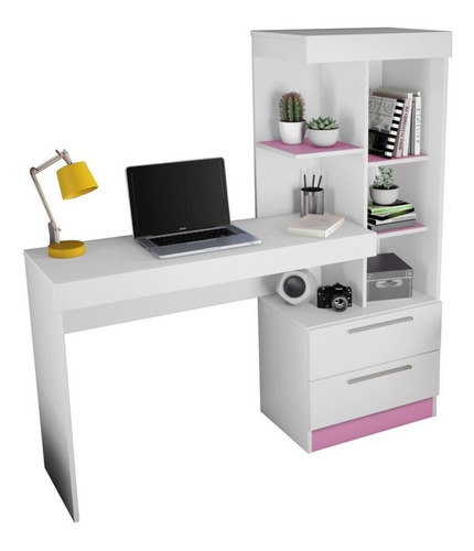 Escrivaninha Notável Móveis Mesa office NT 2010 mdp de 1320mm x 1370mm x 380mm branco/rosa