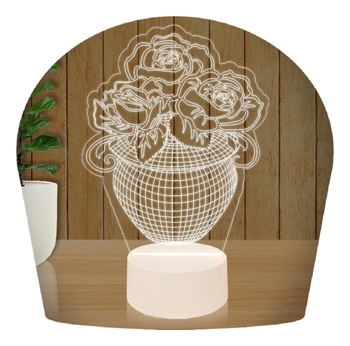 Luminária Led 3d Abajur Base Branca Flor 5