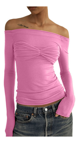 Blusa De Verano De Manga Larga Lisa Con Hombros Descubiertos