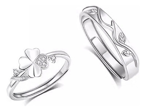 Anillos Plata S925 Ajustables Pareja Trebol Corazón Fortuna