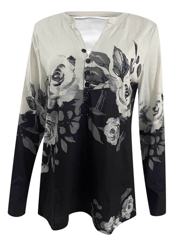 Blusa Delgada Con Botones De Manga Larga Con Estampado Para