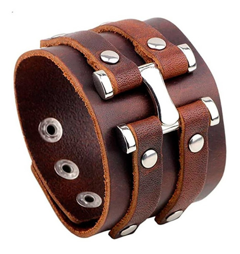 Pulsera De Cuero Para Hombre Brazalete Ancho De Piel Moda Color Marrón Largo 23 cm