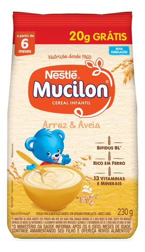 Cereal Infantil Arroz & Aveia Mucilon Pacote 230g Grátis 20g