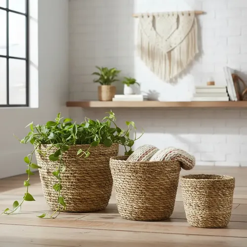 Kit Cesto Vaso Cachepot Fibra Natural Decorativo Boho Chic Natural