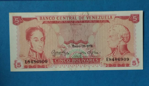 Billete De 5 Bs De 1974 E-7, Nuevo.