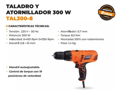 Imagen 5 de 10 de Atornillador Taladro Electrico Lusqtoff Tal300-8 C/torque