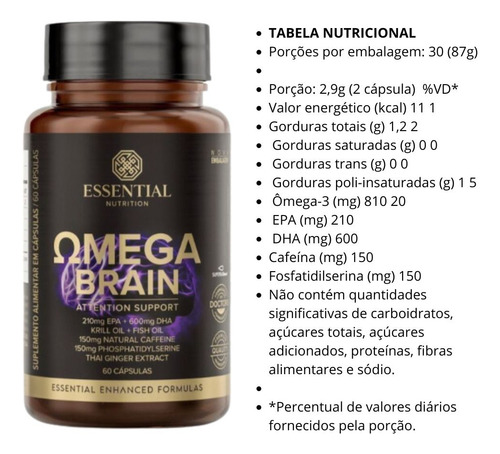 Kit 3x Ômega Brain 60 Caps Essential Nutrition Sem Sabor