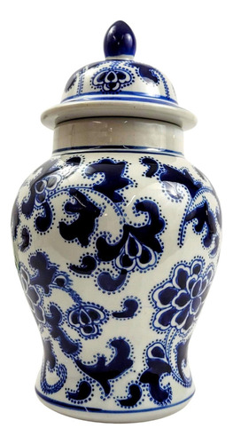 Potiche Azul E Branco Floral 29x18cm Porcelana Decoração