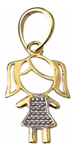 Pingente Menina Vestido 1,5 Cm Em Ouro 18k E Ouro Branco