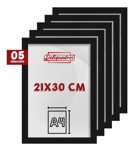 Kit 5 Quadros Moldura A4 C/ Vidro Fotos Certificado 21x30cm Cor Preto Premium