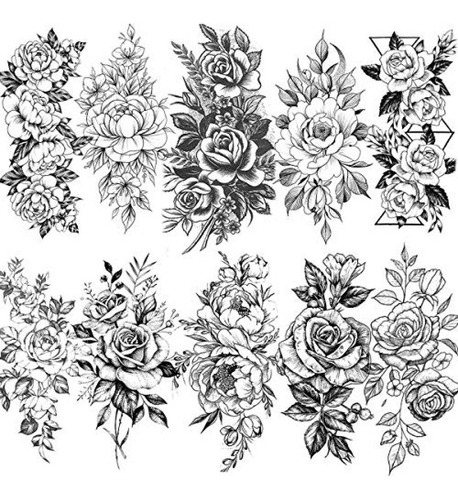 Tinta Para Tatuaje Vantaty 10 Hojas 3d Big Rose Peony Flower