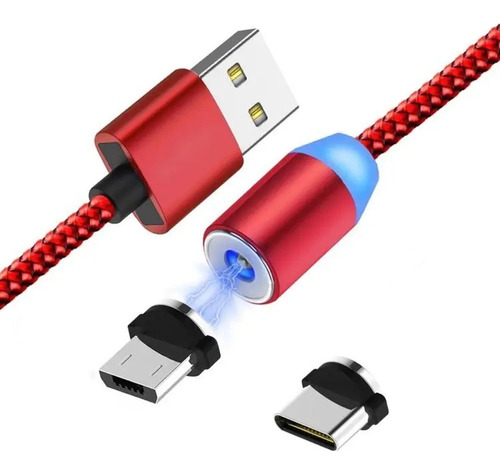 Cable Cargador Usb Magnético Rojo De 3 Puntas Luz Led Azul