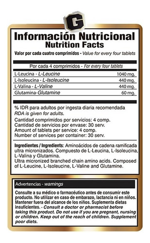 Bcaa 2000 - Gold Nutrition - Aminoácidos Ramificados 120 Tab Sabor Sin sabor