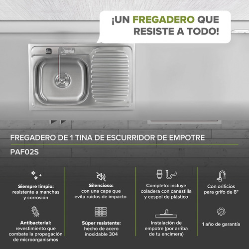 Avera Combo Fregadero Acero Inox Escurridor Empotre Paf02s Color Plateado