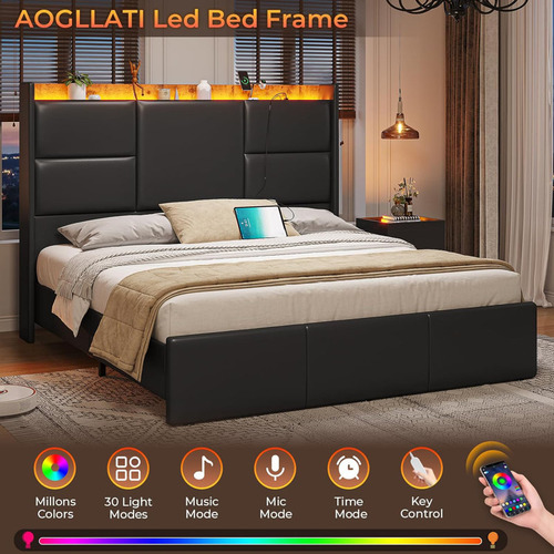 Base De Cama Con Cabecera Con Almacenamiento Negra King