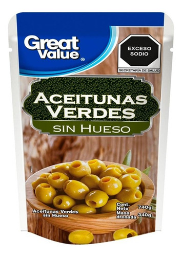 3 Pza Aceitunas Verdes Great Value Sin Hueso 740 G