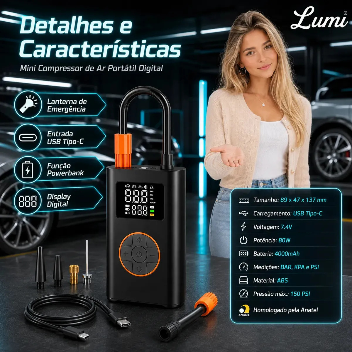 Compressor de Ar Digital Portátil Lumi, Sem Fio, Para Carro e Moto