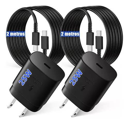Cargador Para Samsung 25w Cargador Rapida Tipo C Compatible Con Samsung S25 S24 S23 S22 S21 A56 A55 A54 A36 A35 A16 A06 Note10 Note 20 Carga Rápida Pd 25w 2metros Negro 2 Piezas