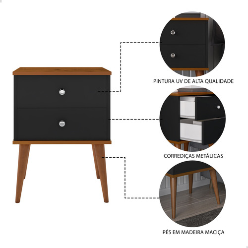Kit 2 Mesa De Cabeceira Quarto Retro Berlim 2 Gavetas Preto