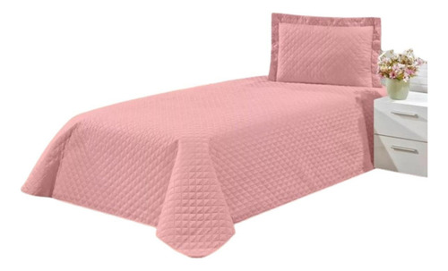 Kit Cobre Leito Solteiro 2 Peças Colcha Matelada Rose Lisa