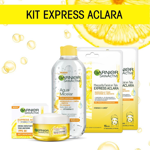 Imagen 1 de 4 de Kit Garnier Express Aclara: Crema + Agua Micelar + Mascaras