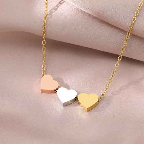 Imagen 4 de 6 de Collar Mujer Dije Corazones Minimalista Acero Plata Oro Rosa